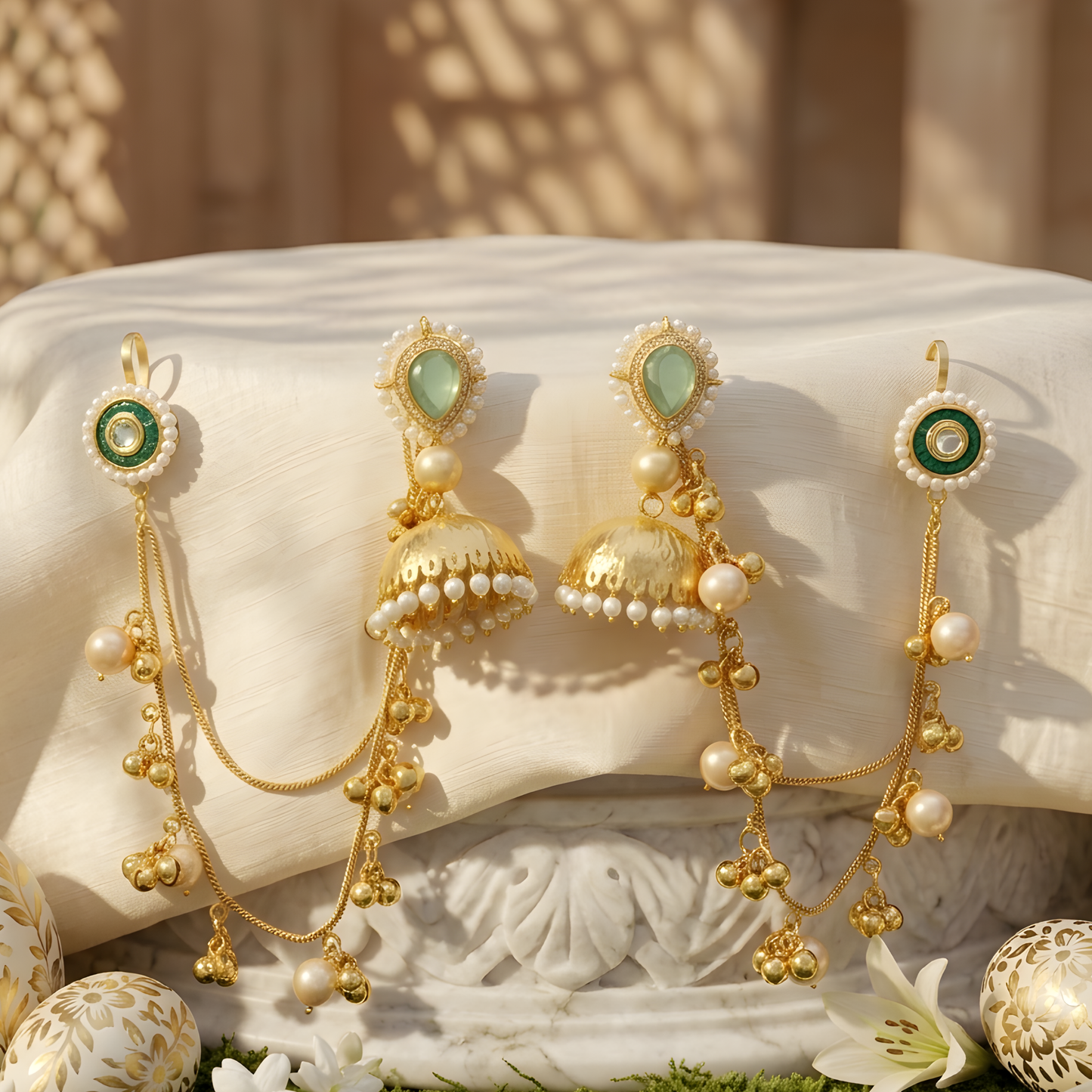 Royal Ruby Kundan Jhumka Earrings with Pearl Chain