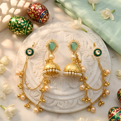 Royal Ruby Kundan Jhumka Earrings with Pearl Chain