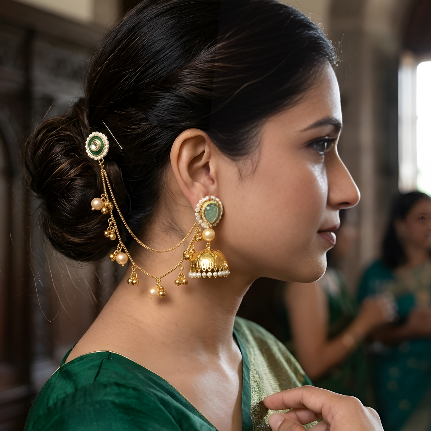 Royal Ruby Kundan Jhumka Earrings with Pearl Chain