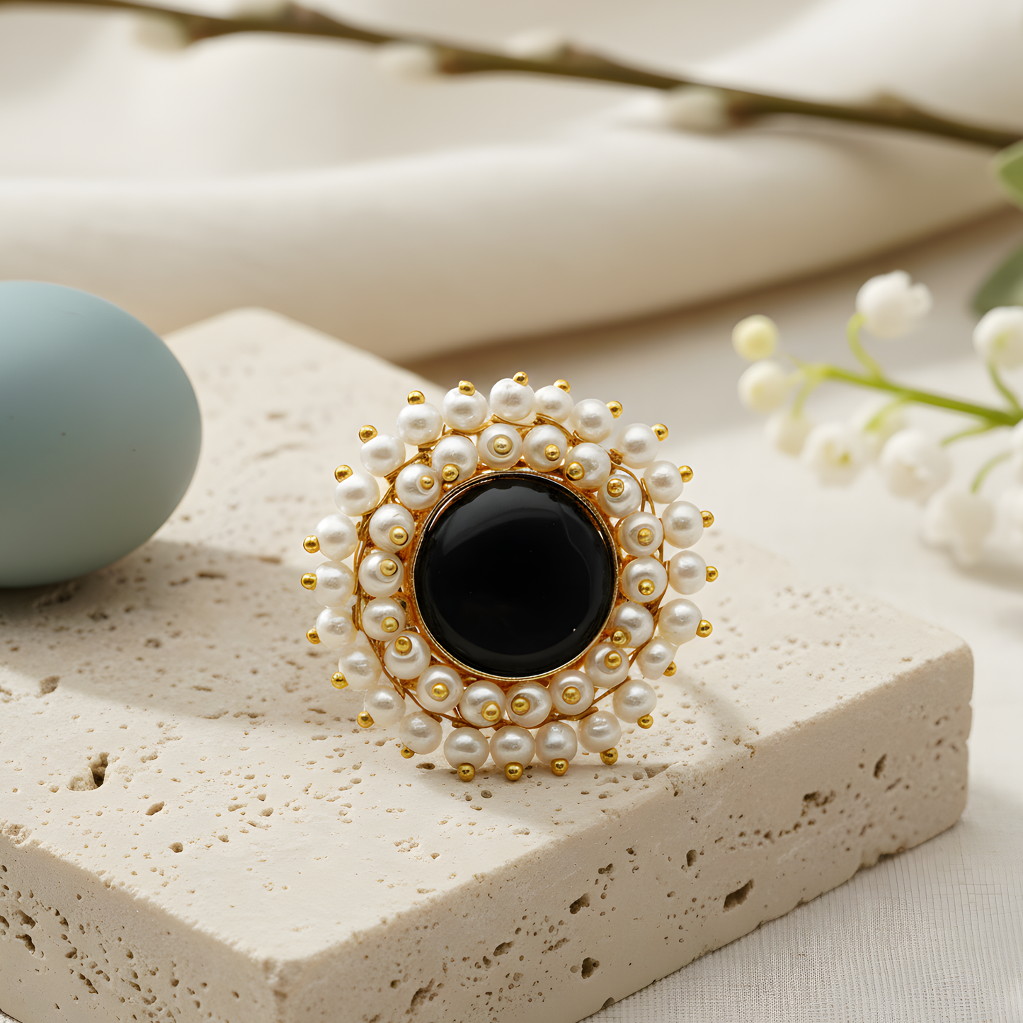 Double Pearl Halo Cocktail Ring