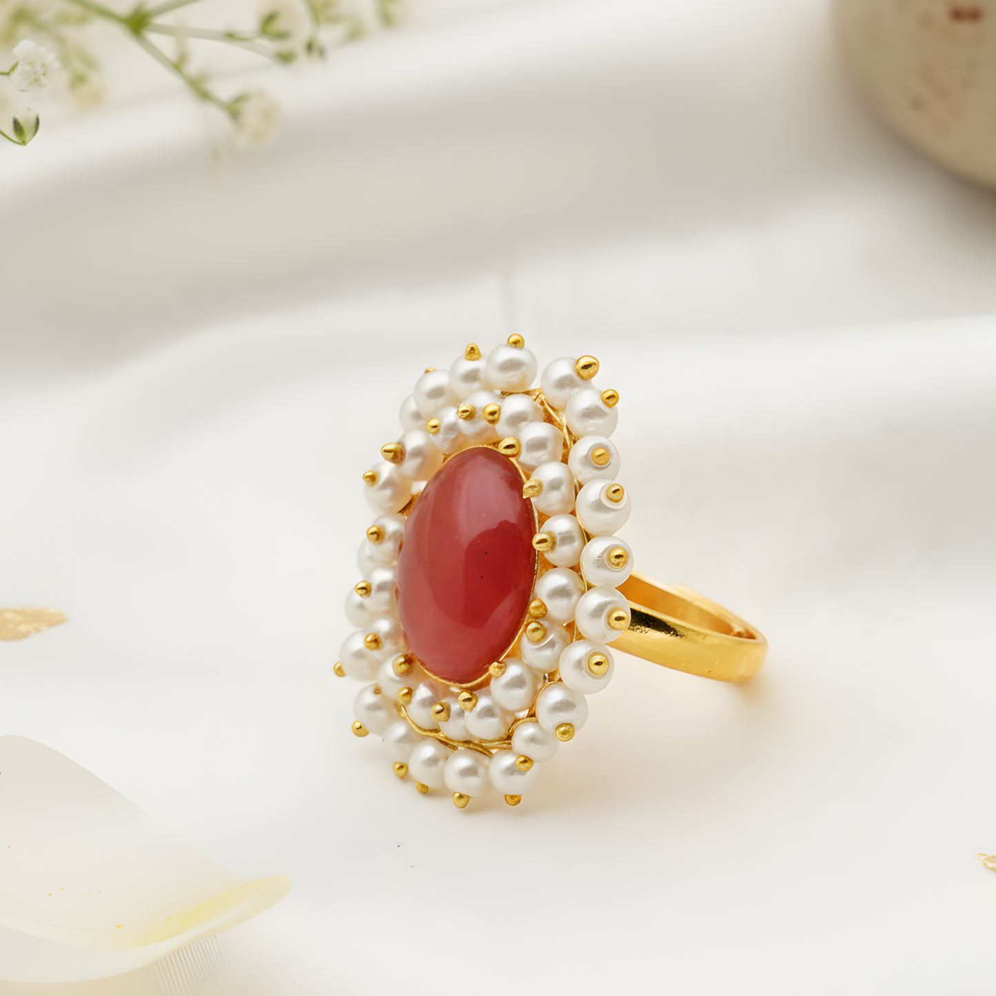 Double Pearl Halo Cocktail Ring
