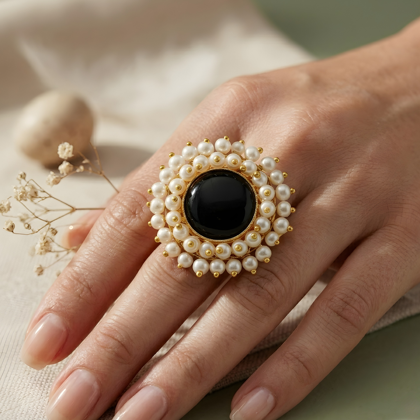 Double Pearl Halo Cocktail Ring