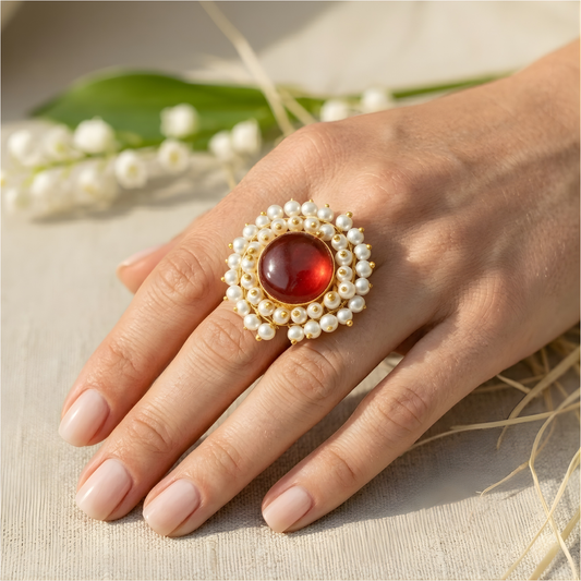 Double Pearl Halo Cocktail Ring