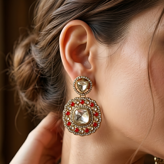 Red Polki Kundan Earrings