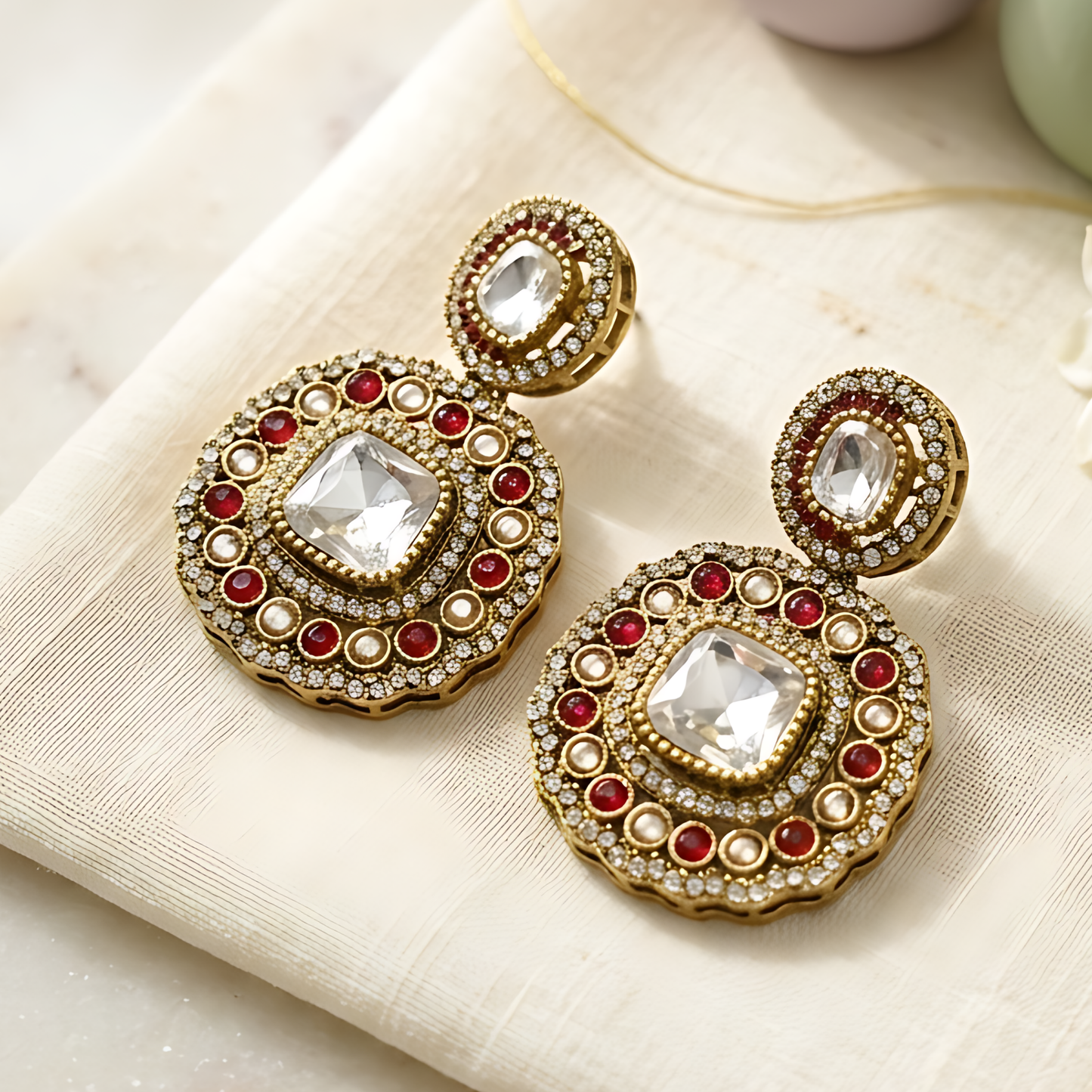Red Polki Kundan Earrings