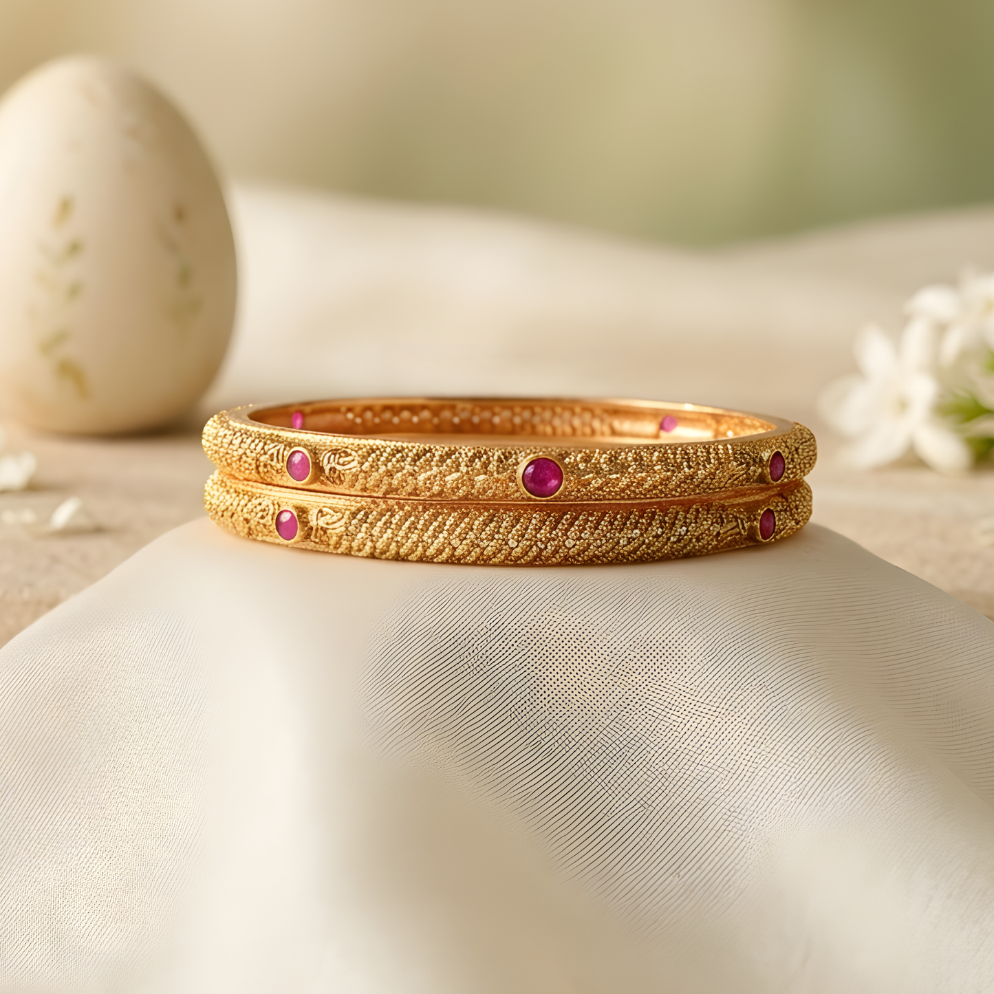 Kundan Ruby Textured Bangles
