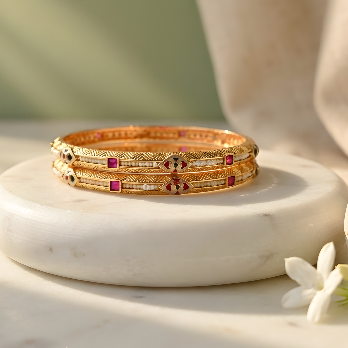 Kundan Bangles with Ruby Accents & Pearl Inlay