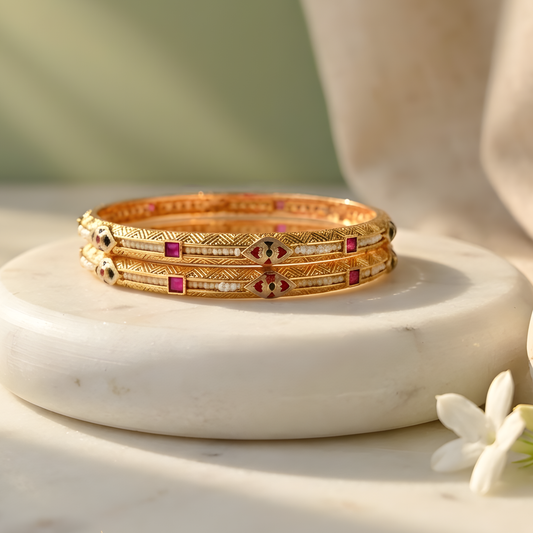 Kundan Bangles with Ruby Accents & Pearl Inlay