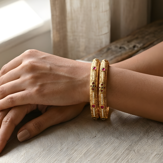 Kundan Bangles with Ruby Accents & Pearl Inlay