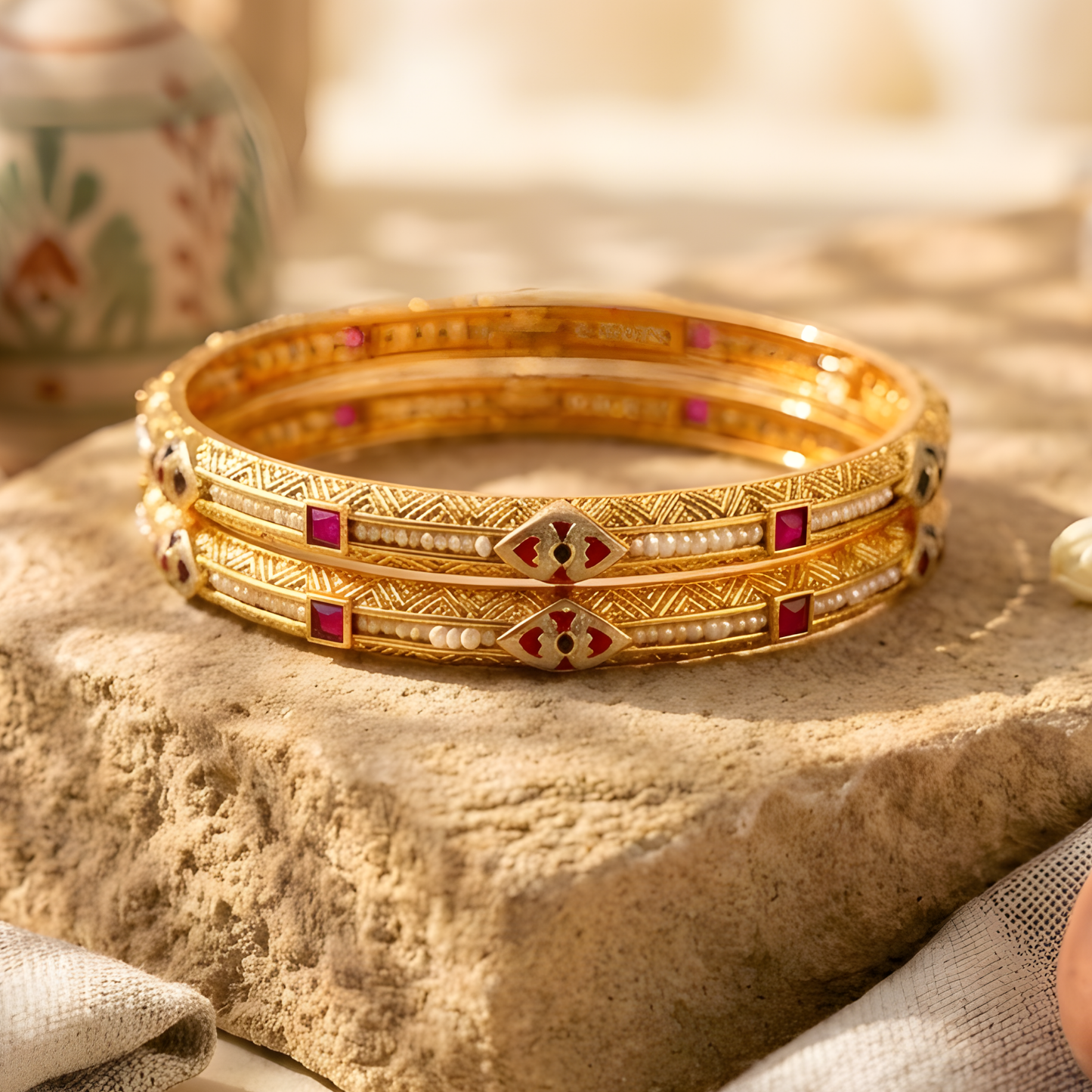 Kundan Bangles with Ruby Accents & Pearl Inlay