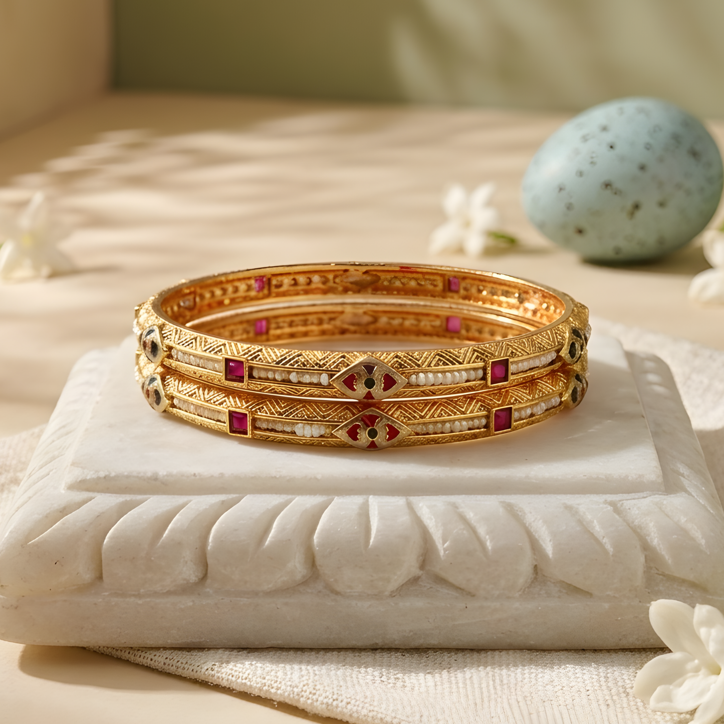 Kundan Bangles with Ruby Accents & Pearl Inlay