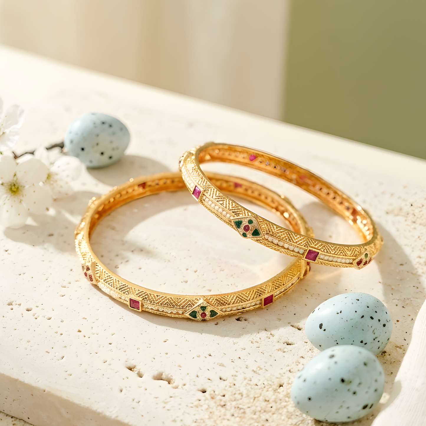 Kundan Bangles with Ruby Accents & Pearl Inlay