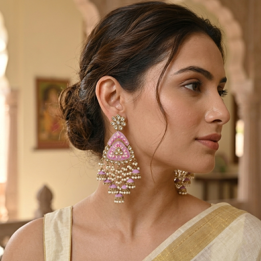 Meenakari Kundan Chandbali Earrings with Pearl Drops