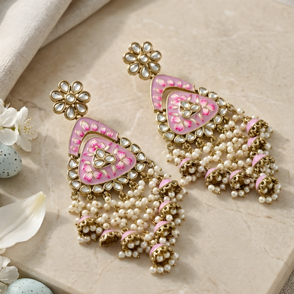 Meenakari Kundan Chandbali Earrings with Pearl Drops