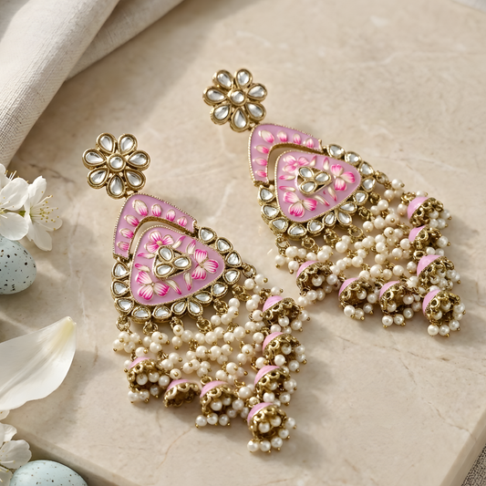 Meenakari Kundan Chandbali Earrings with Pearl Drops