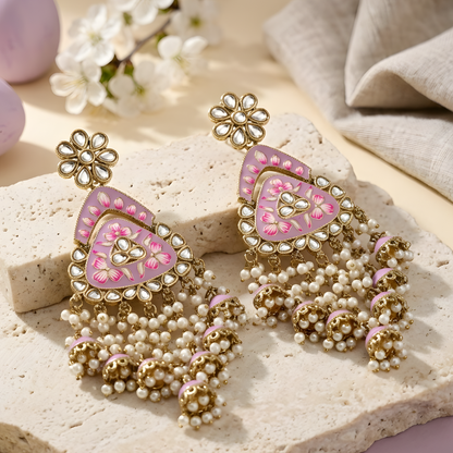 Meenakari Kundan Chandbali Earrings with Pearl Drops