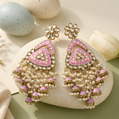 Meenakari Kundan Chandbali Earrings with Pearl Drops