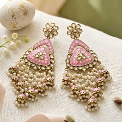 Meenakari Kundan Chandbali Earrings with Pearl Drops