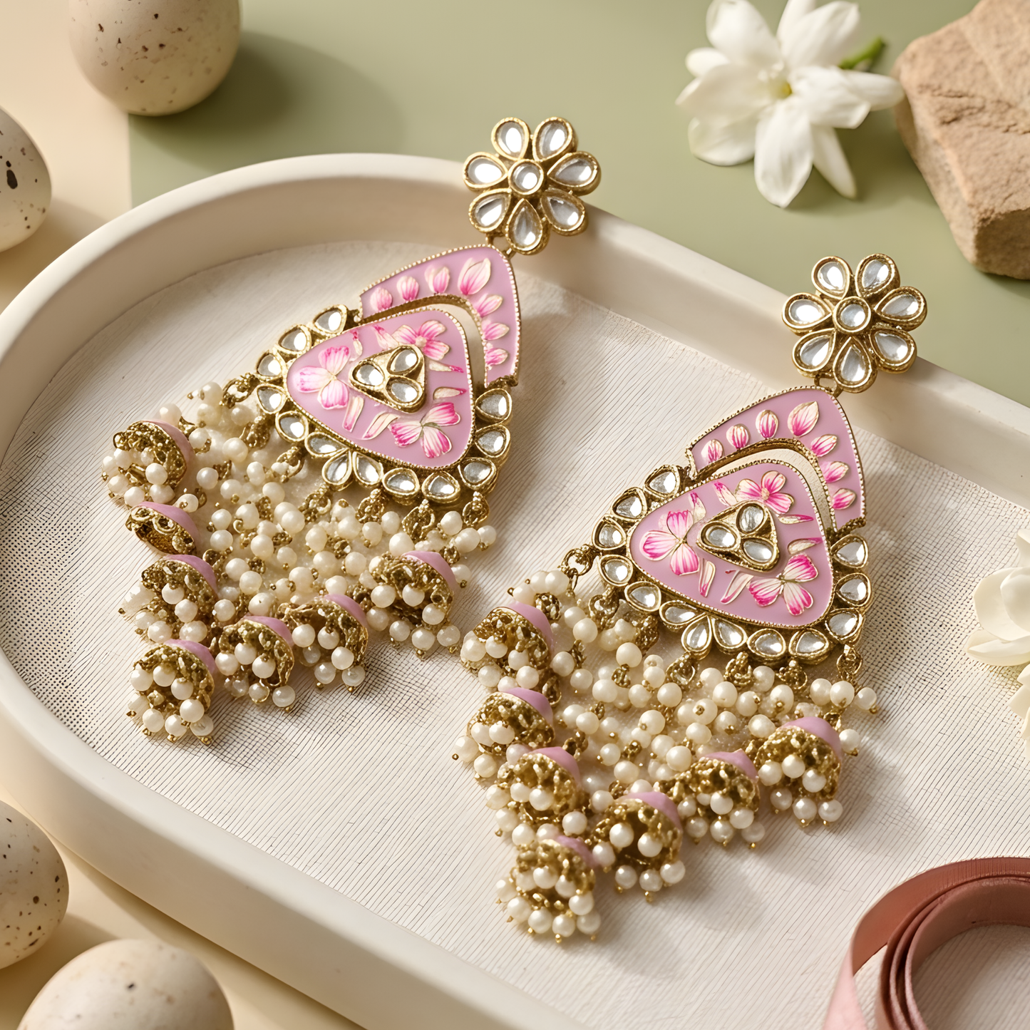 Meenakari Kundan Chandbali Earrings with Pearl Drops