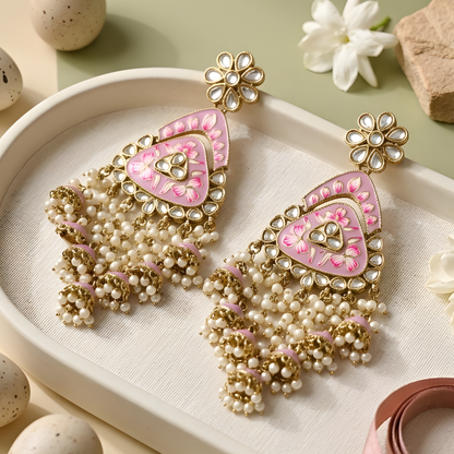 Meenakari Kundan Chandbali Earrings with Pearl Drops