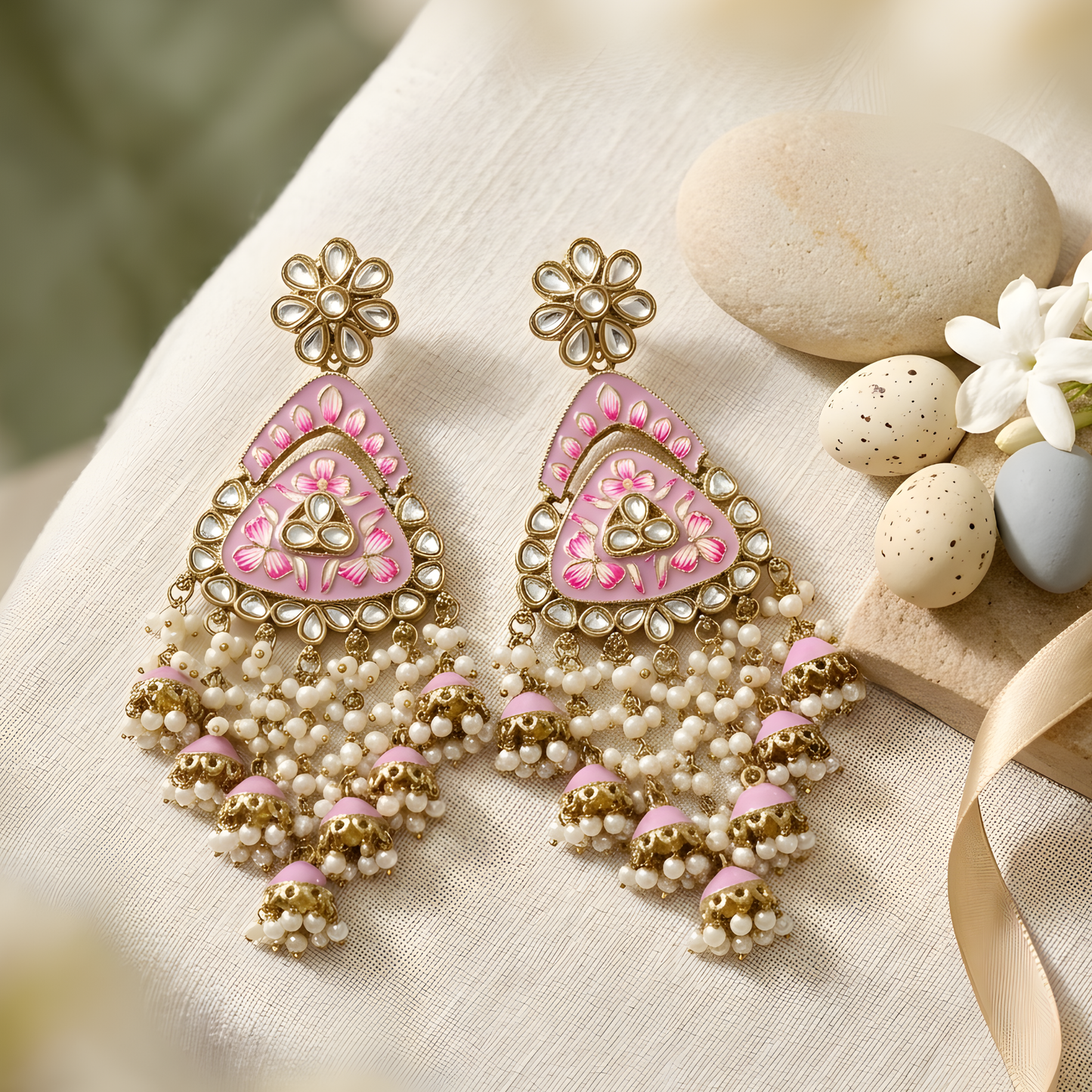 Meenakari Kundan Chandbali Earrings with Pearl Drops