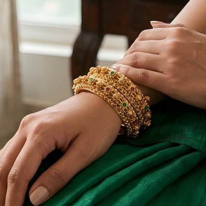 Pearl-Encrusted Filigree Gold Bangles