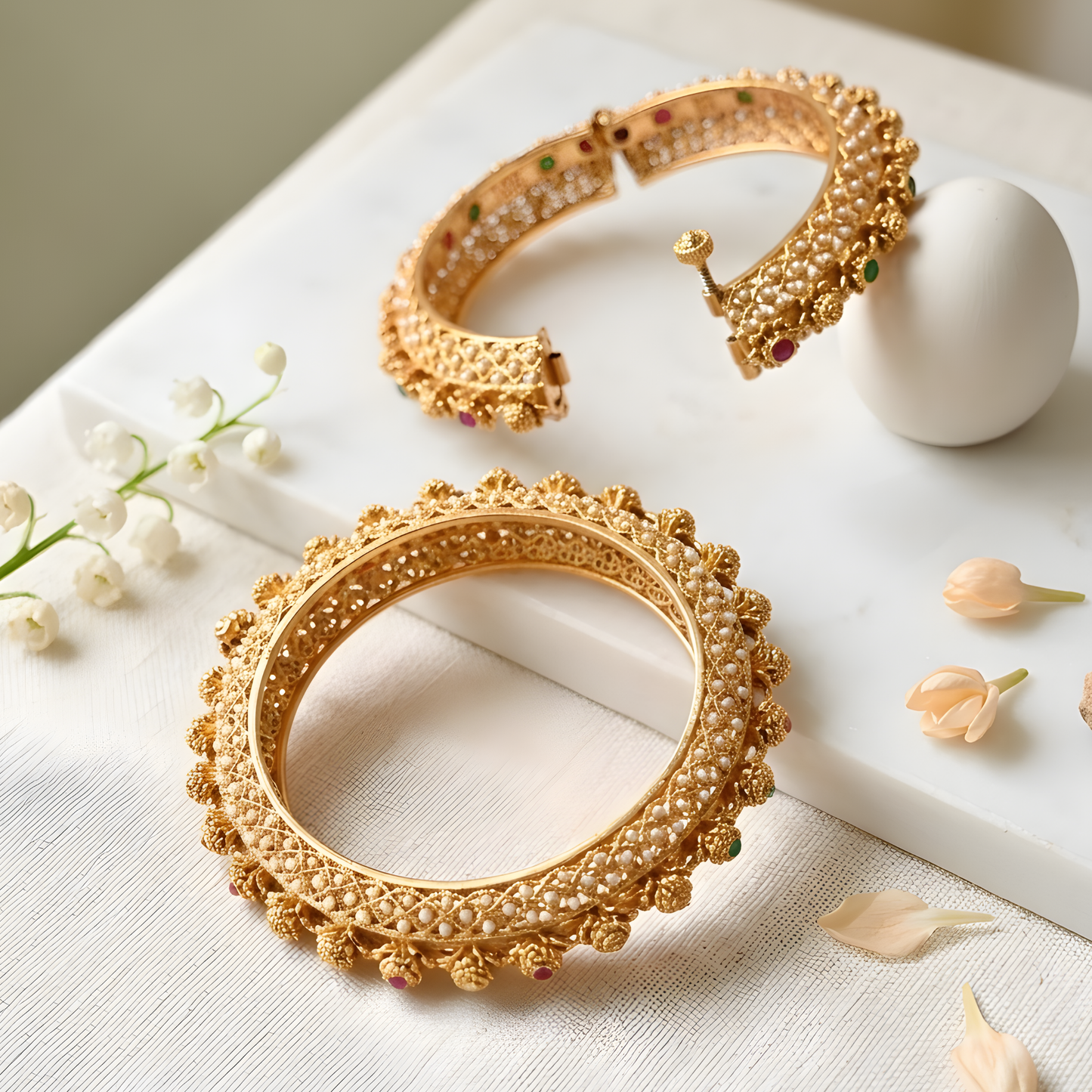 Pearl-Encrusted Filigree Gold Bangles