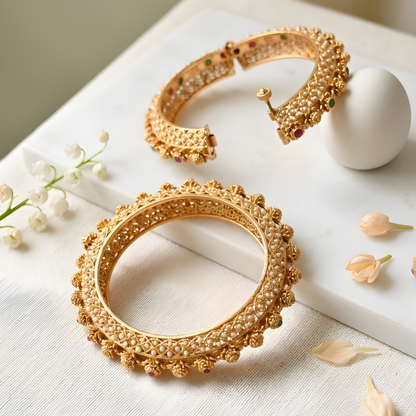 Pearl-Encrusted Filigree Gold Bangles