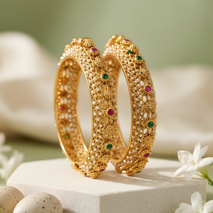 Pearl-Encrusted Filigree Gold Bangles
