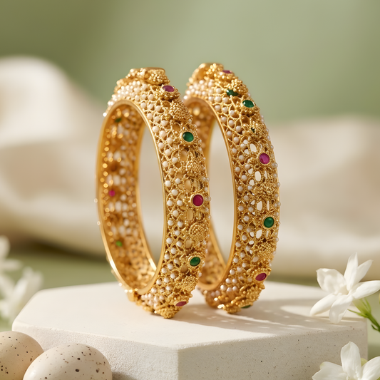 Pearl-Encrusted Filigree Gold Bangles