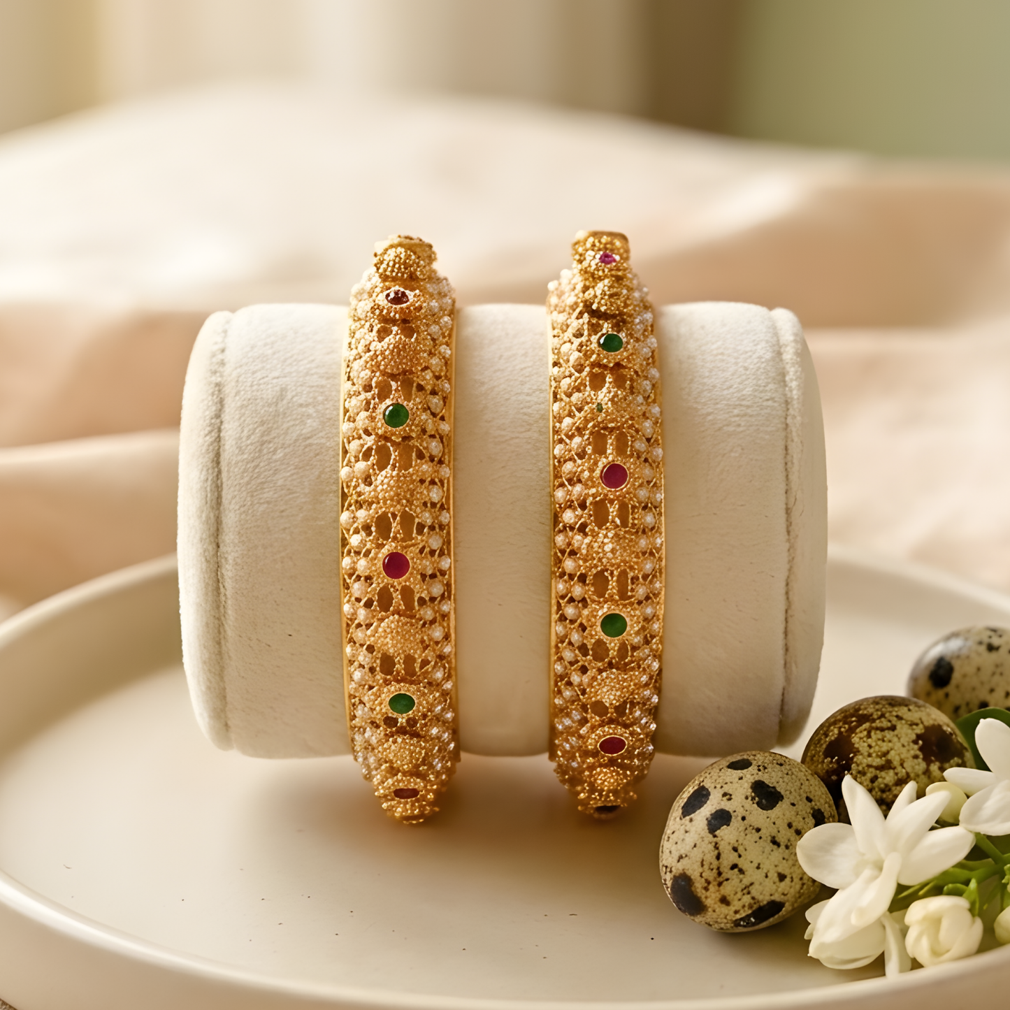 Pearl-Encrusted Filigree Gold Bangles