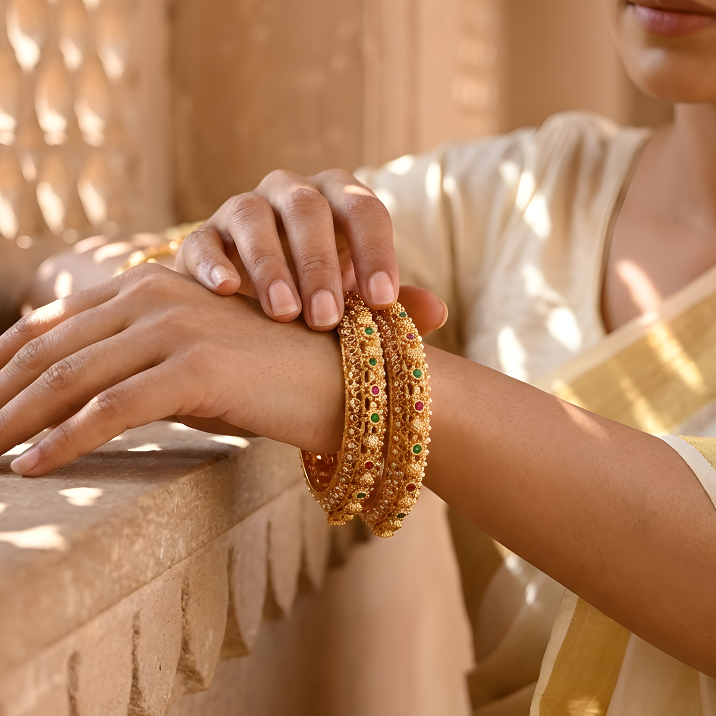 Pearl-Encrusted Filigree Gold Bangles