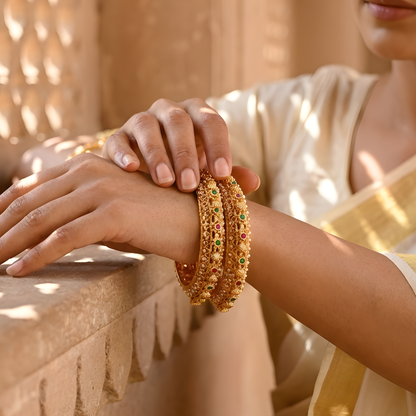 Pearl-Encrusted Filigree Gold Bangles