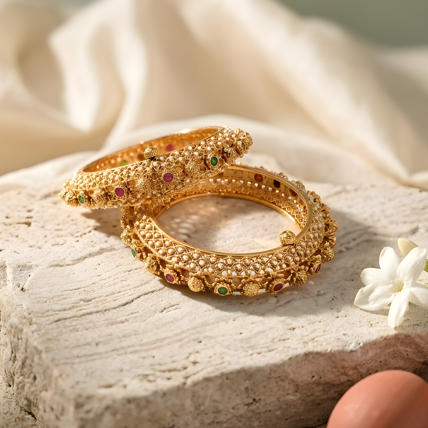 Pearl-Encrusted Filigree Gold Bangles