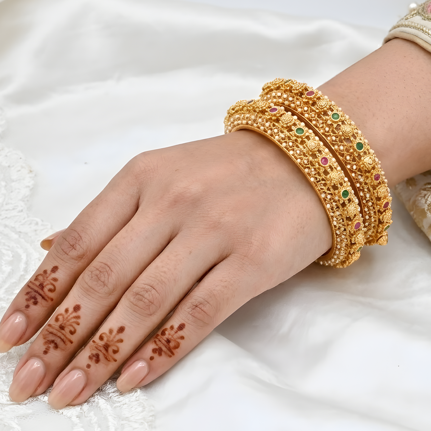 Pearl-Encrusted Filigree Gold Bangles