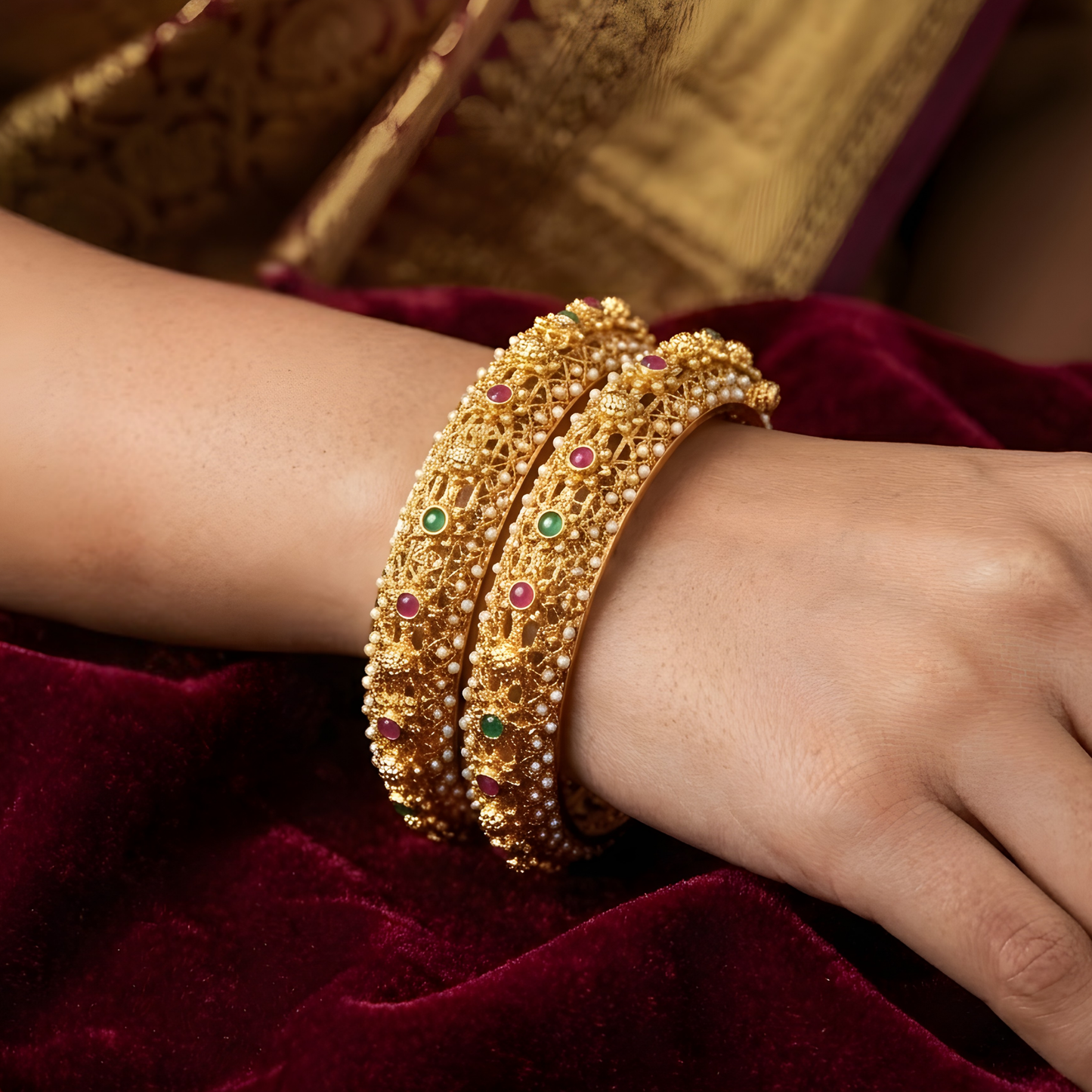 Pearl-Encrusted Filigree Gold Bangles