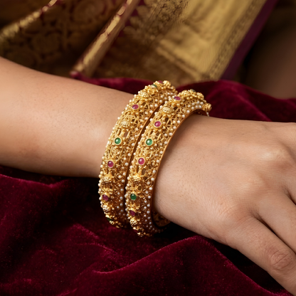 Pearl-Encrusted Filigree Gold Bangles