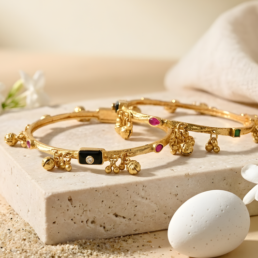 Gold Plated Gemstones Ghungroo Bangles