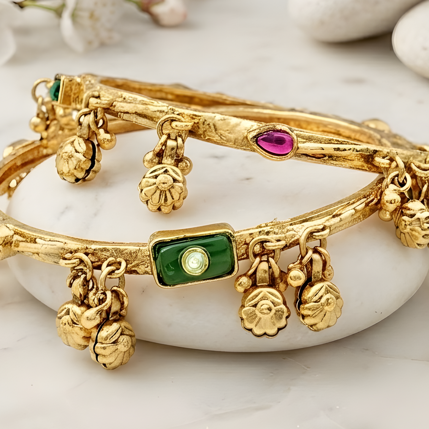 Gold Plated Gemstones Ghungroo Bangles