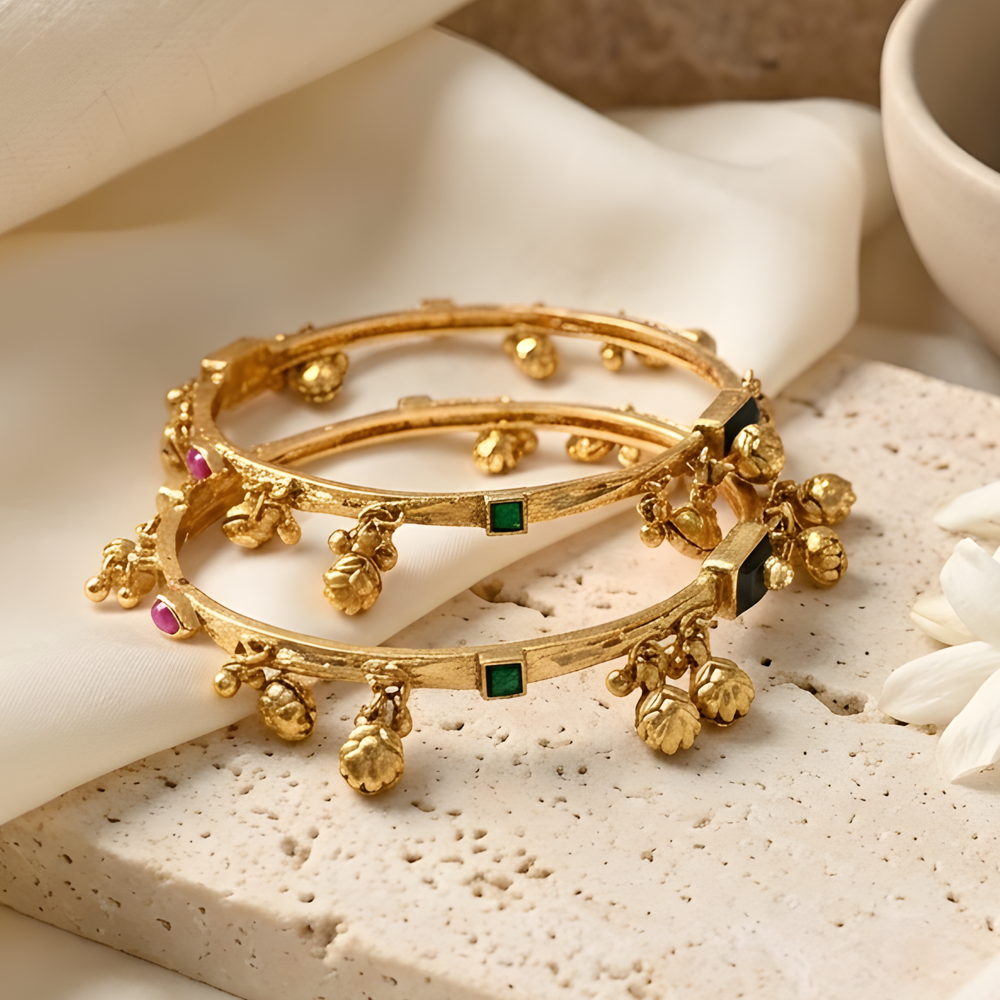 Gold Plated Gemstones Ghungroo Bangles