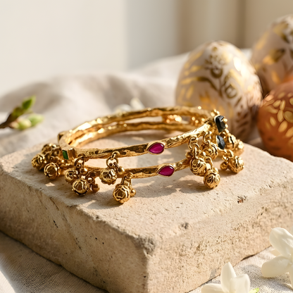 Gold Plated Gemstones Ghungroo Bangles
