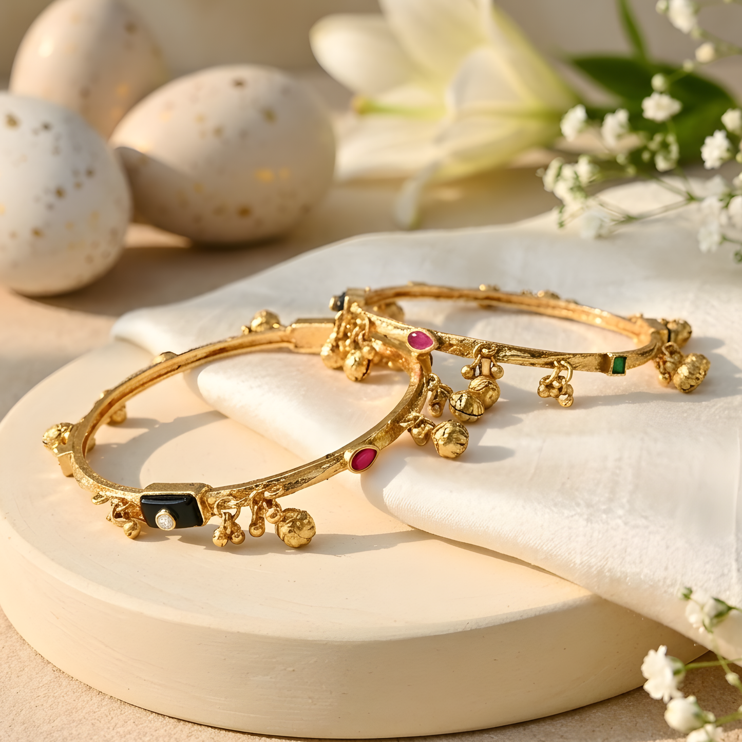 Gold Plated Gemstones Ghungroo Bangles