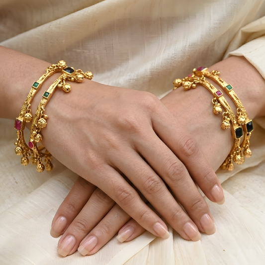 Gold Plated Gemstones Ghungroo Bangles