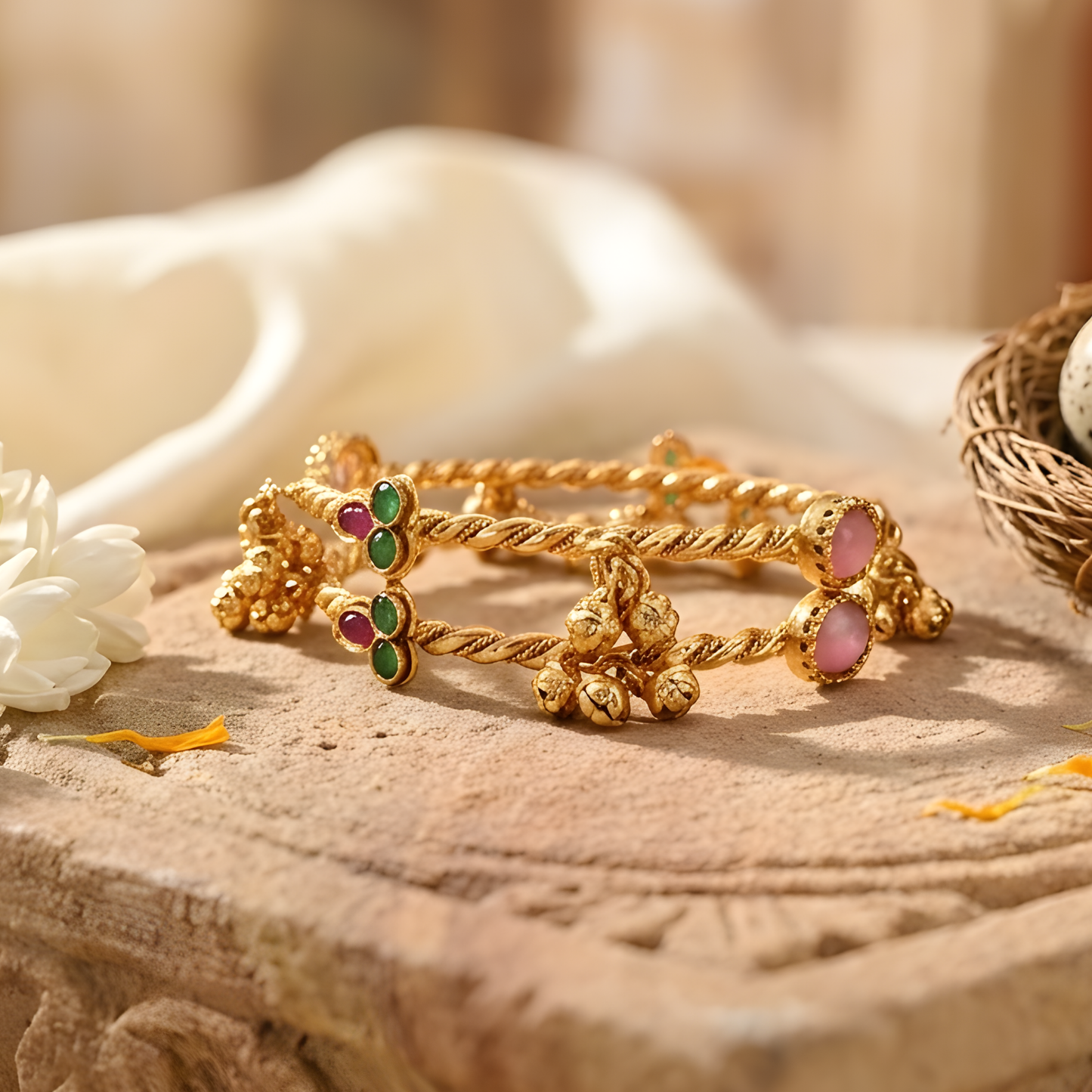 Gemstones Ghungroo Twisted Bangles