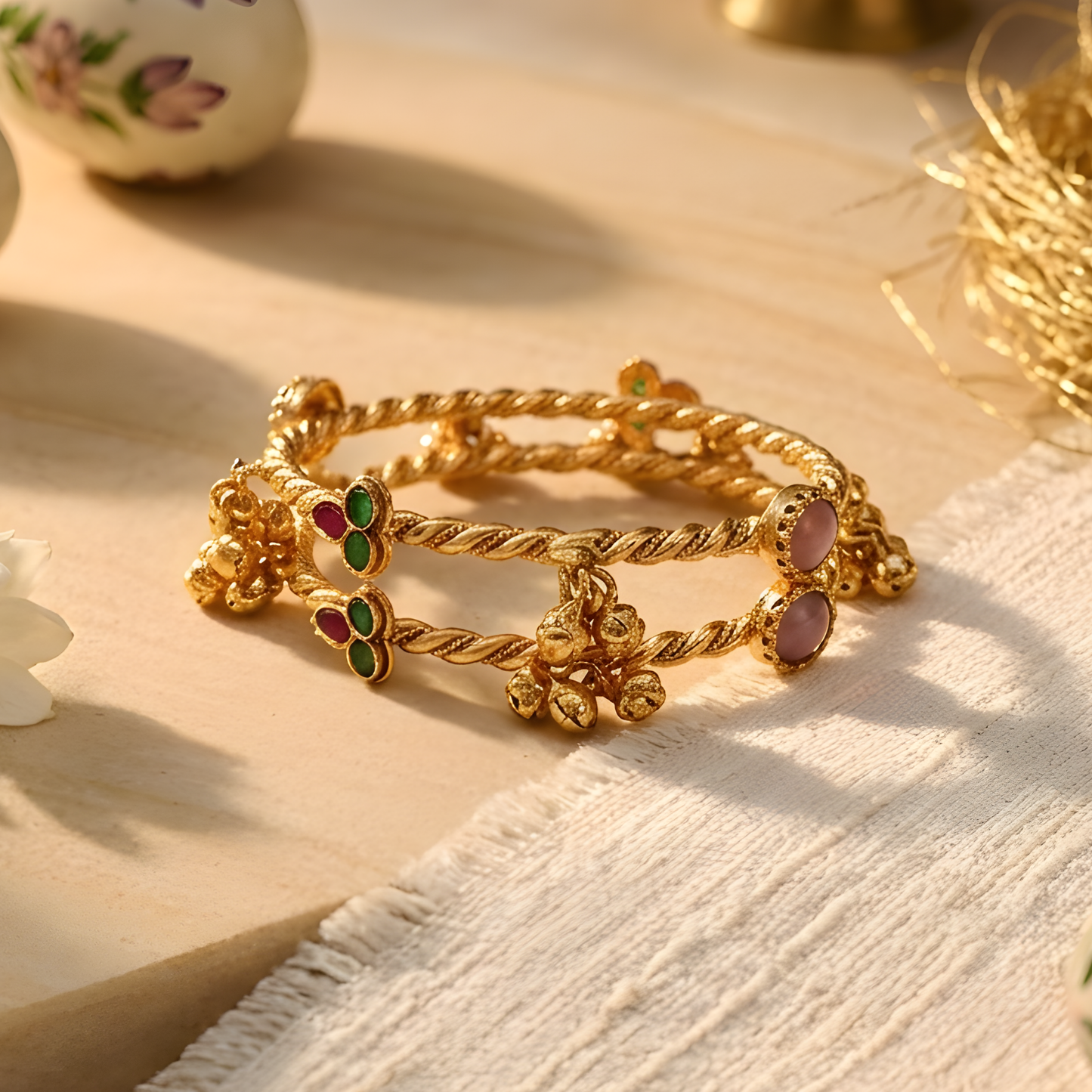 Gemstones Ghungroo Twisted Bangles