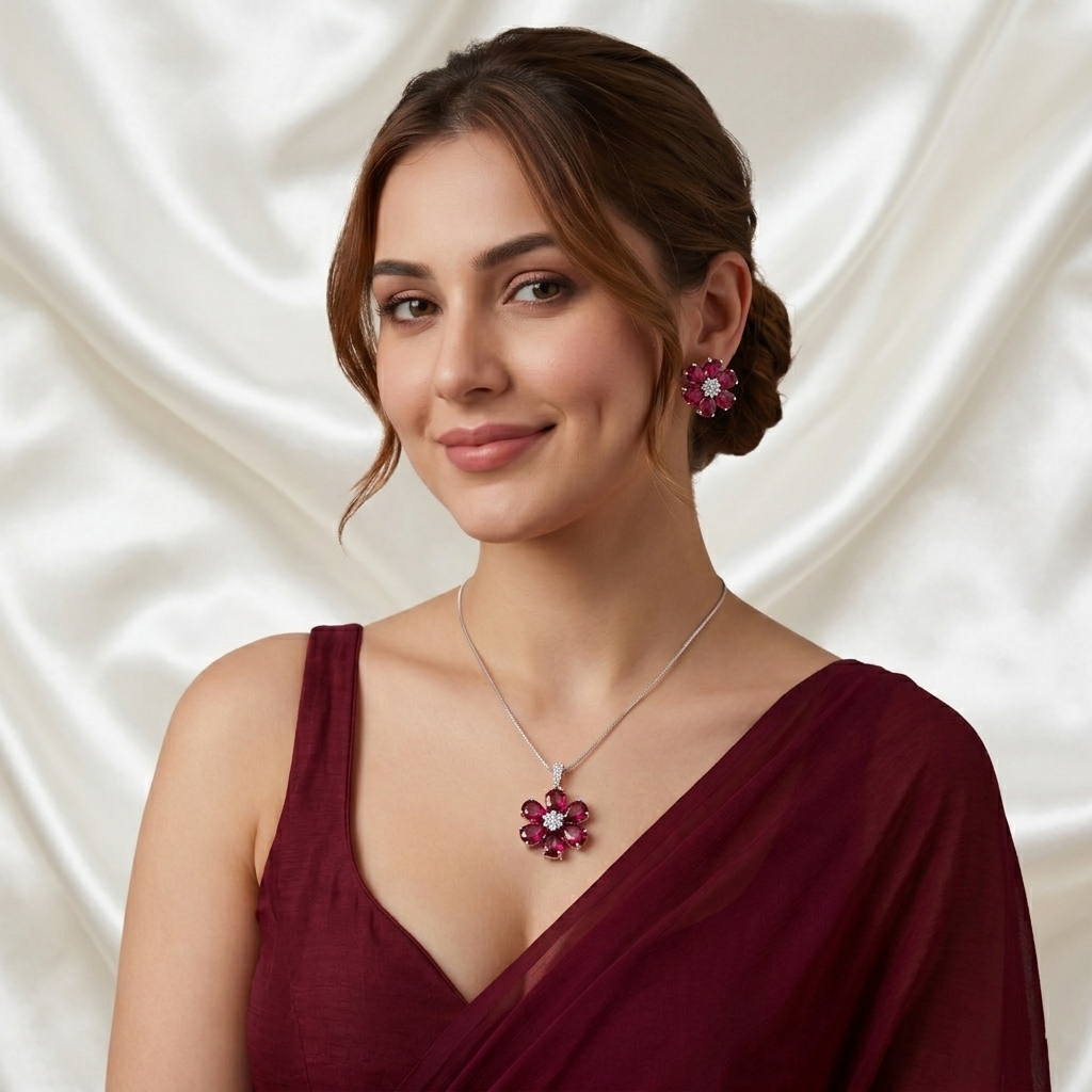 Pink Tourmaline Flower Pendant Necklace Set