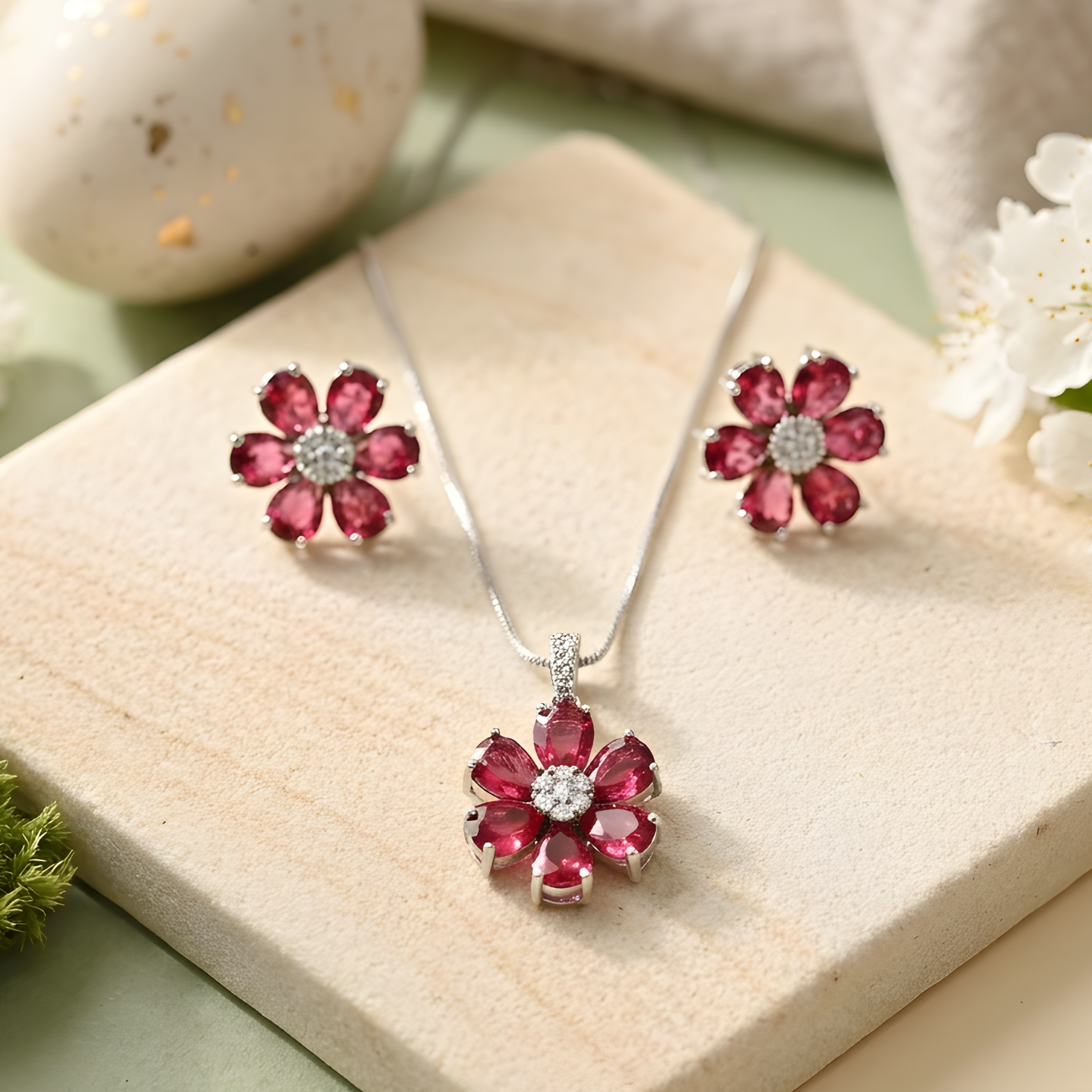 Pink Tourmaline Flower Pendant Necklace Set