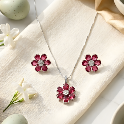 Pink Tourmaline Flower Pendant Necklace Set