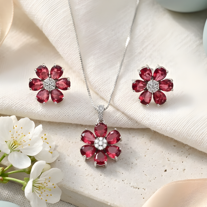Pink Tourmaline Flower Pendant Necklace Set