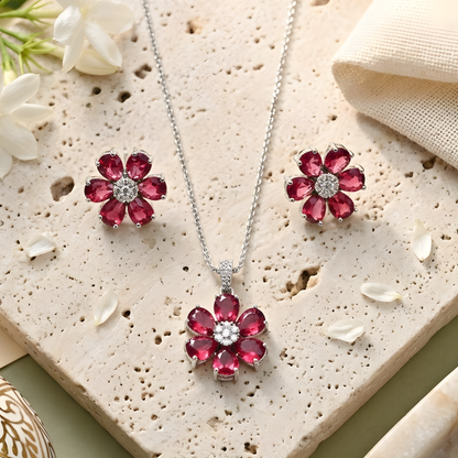 Pink Tourmaline Flower Pendant Necklace Set